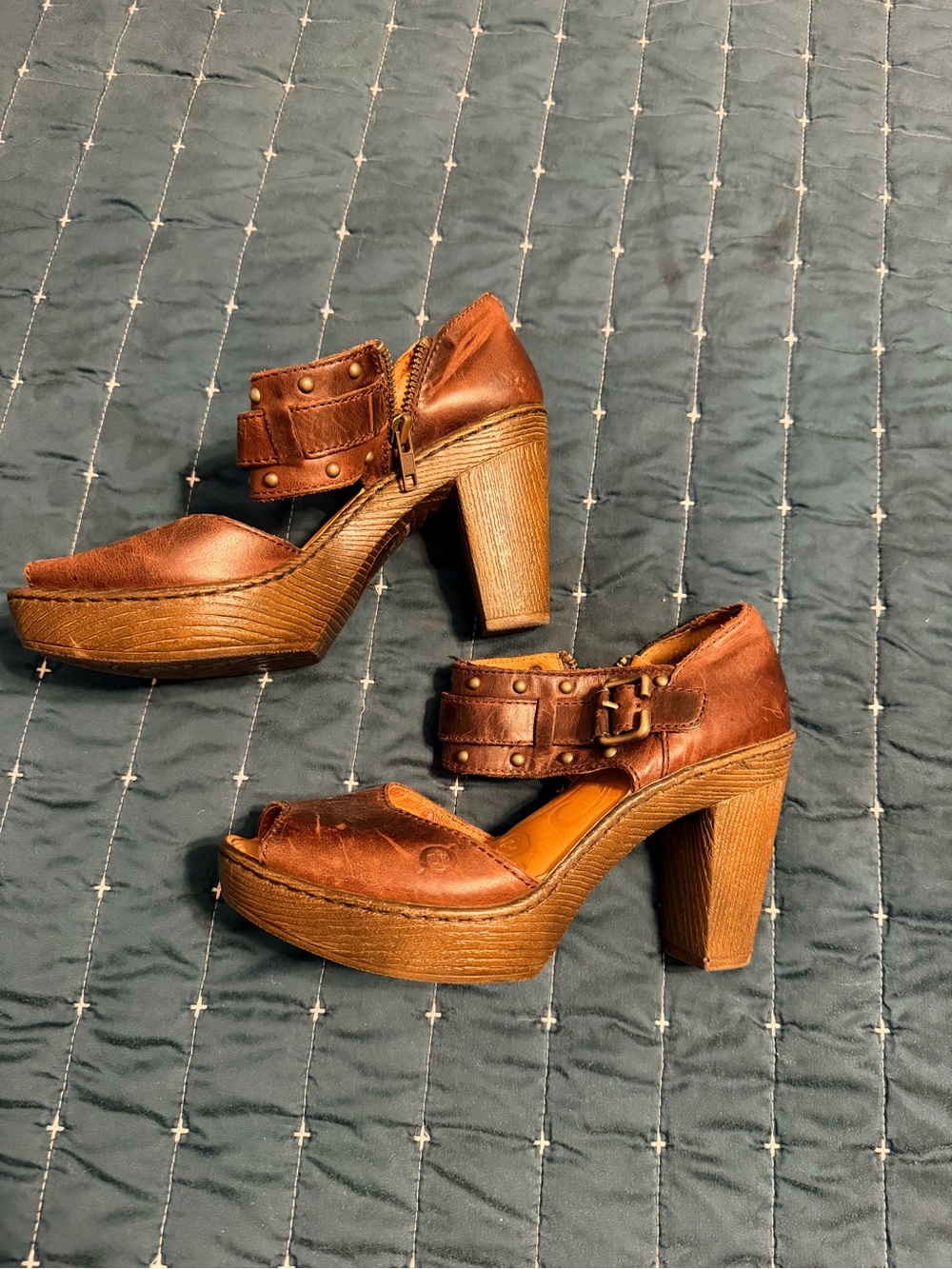 Born Brown Leather Platform Sandal Heels with Studded Ankle Strap